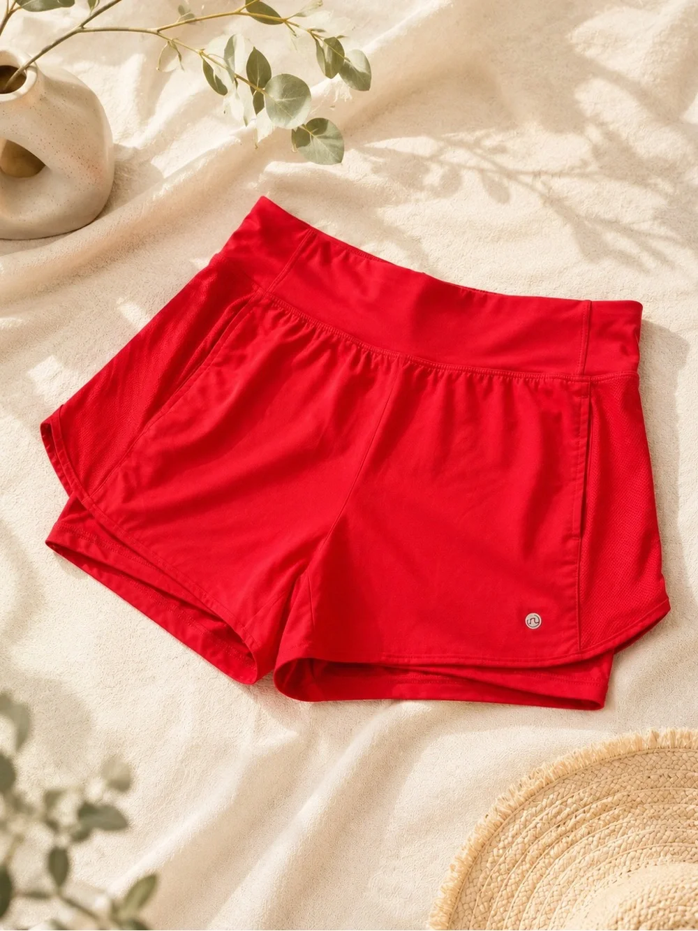 Women's High-Rise Red Athletic Shorts with Breathable Panels